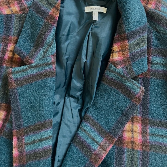 Maurices Plaid Belted Faux Wool Wrap Long Coat Sz XL Teal Tan Brown Pink - Picture 6 of 9